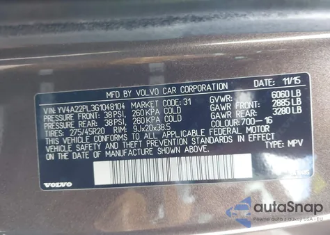 2016 Volvo Xc90 T6 Inscription z USA, uszkodzony, nr VIN YV4A22PL3G1048104